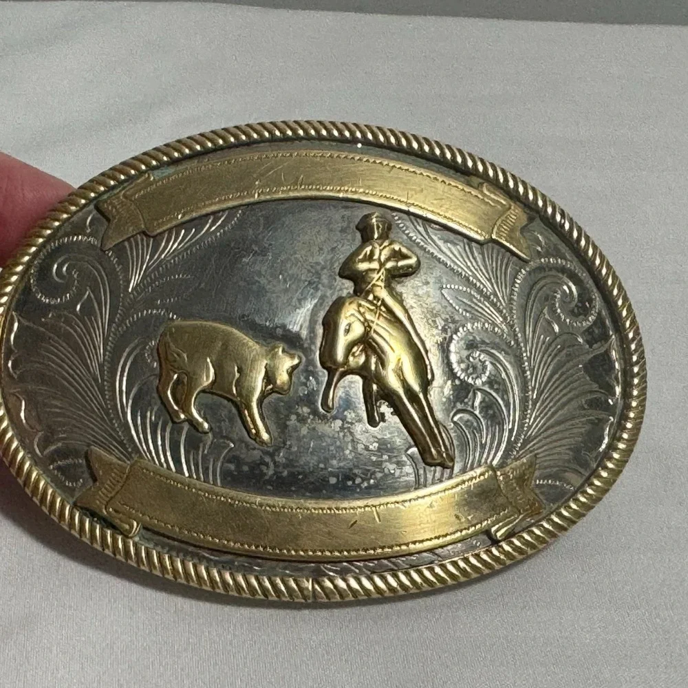 Vintage German Silver Cutting Horse working Steer Belt Buckle‎ No Engraving